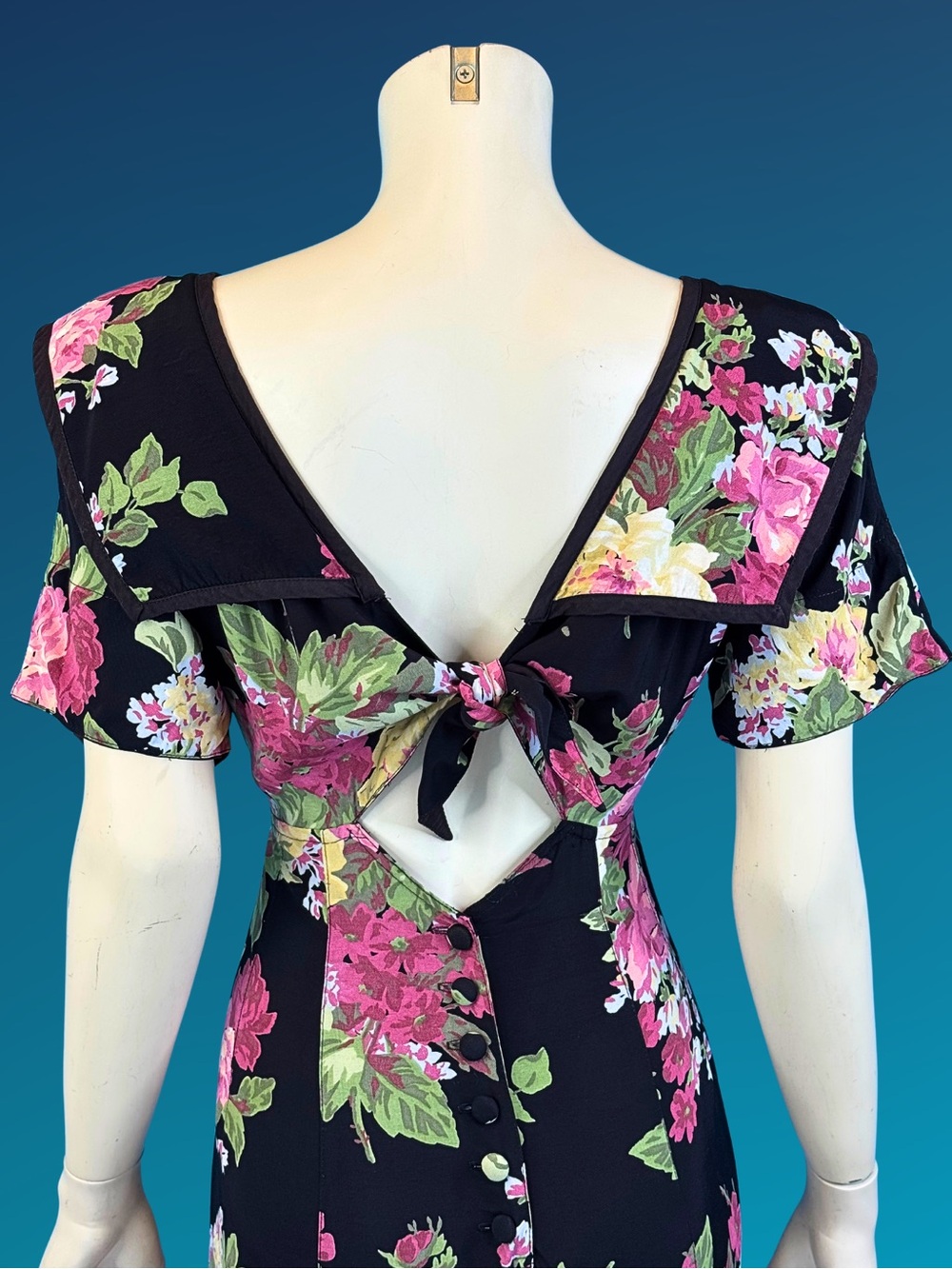 80s 90s KAREN ALEXANDER Open Back Floral Cottagecore Romantic Rayon Tea Dress SM